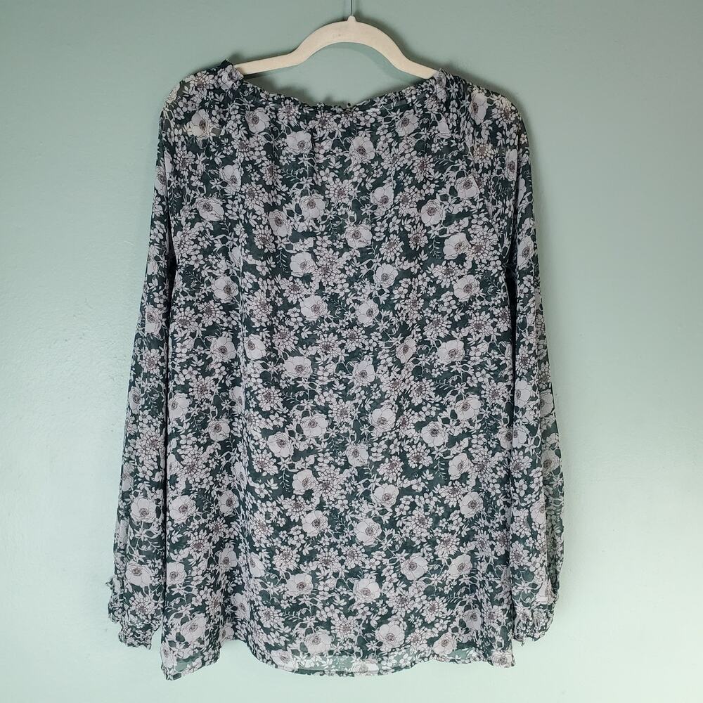 Cabi Womens Olive Green Floral Print Sheer Bianca Peasant Blouse Top Size Medium - Picture 2 of 7